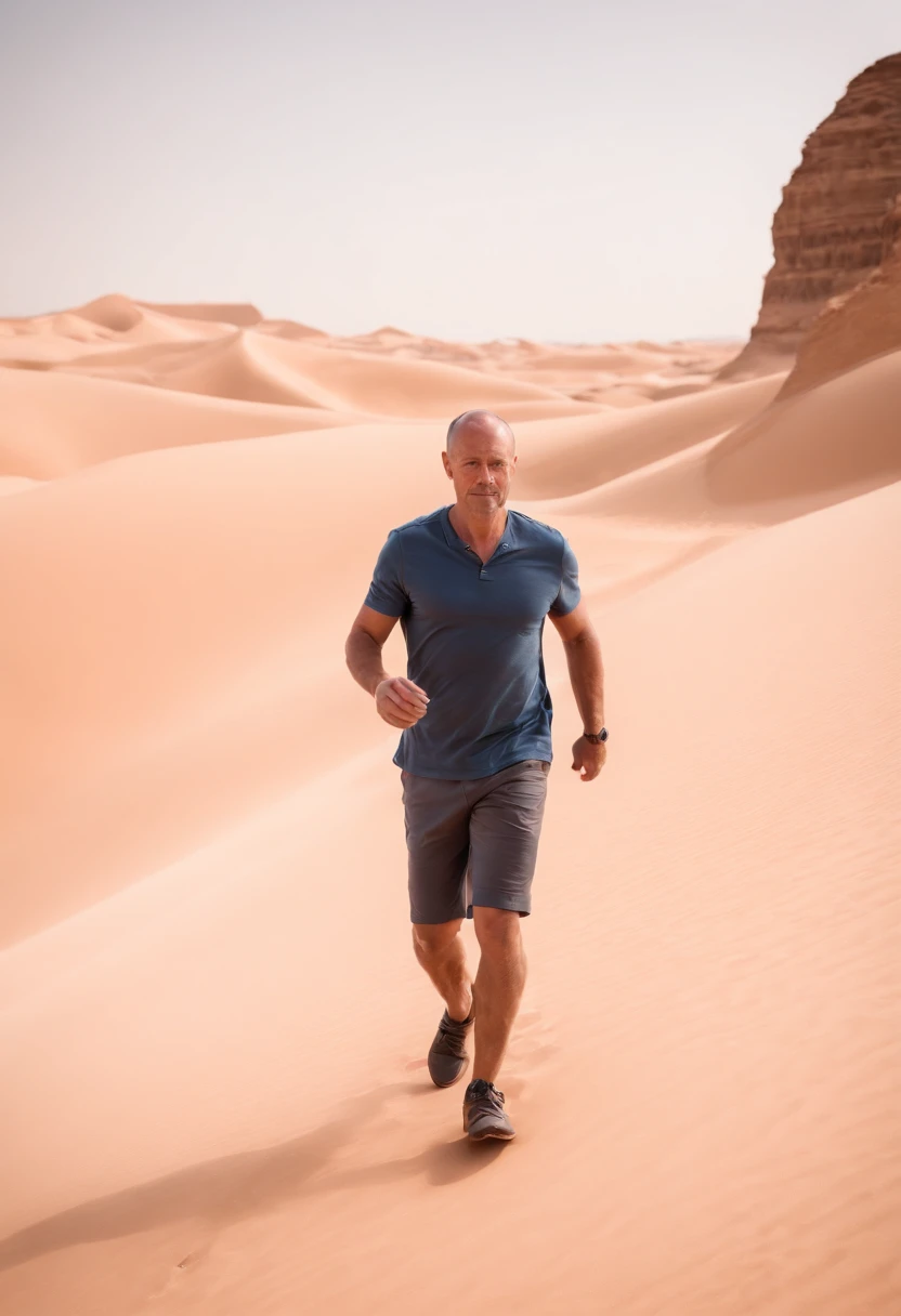 Man walking in the desert, very short hair, dubai en fond, 50m from the camera, high contrast, couleurs chaudes, ultra realist, highly detailed, complicated, mise au point nette, profondeur de champ, Prise de vue moyenne, Hdr, 8k, (hyperrealism:1.2), (phot...