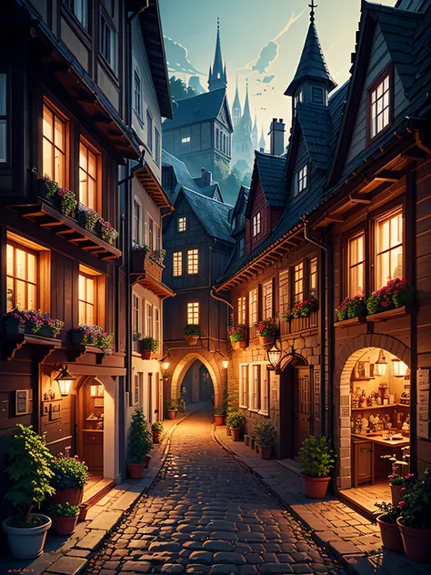 pixel art, medieval village, intricate, colorful, high contrast colors, very detailed, high quality, made by Aase Berg, panoramic shot, cinematic illumination