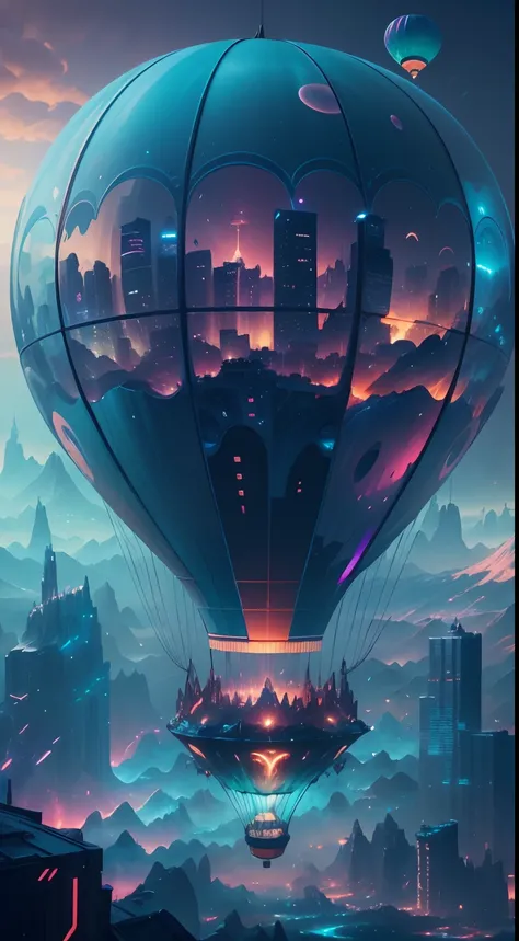 The transparent and ethereal hot air balloon glows blue，Futuristic hot air balloon in the shape of a jellyfish，blueglow，In a stunning fantasy world, A hot air balloon over a futuristic city，Retro cyberpunk，(Extremely detailed CG unified wallpaper), The bea...