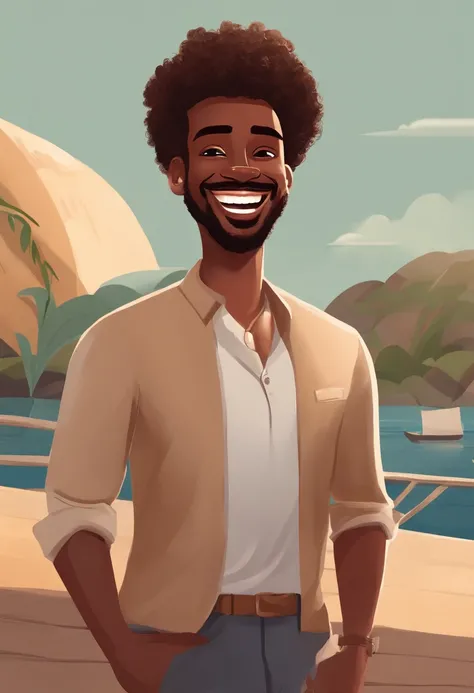 Illustration of brown-skinned man with a giant smile, happily smiling at the camera, sorriso atrevido, hes smiling, sorriso muito grande, Macho sorridente, cabelo curto, corte de cabelo baixo, desenhando no estilo de Arte 3D, Estilo Disney, 8k