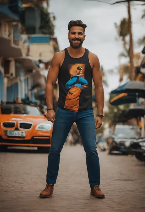 crie um banner no estilo Pixar. A man with Brazilian features , moreno pardo com cabelos curtos, Castanhos escuros, crespo e levemente acinzentado, mas jovem, usando uma camiseta laranja de gola azul, Vestindo jeans.