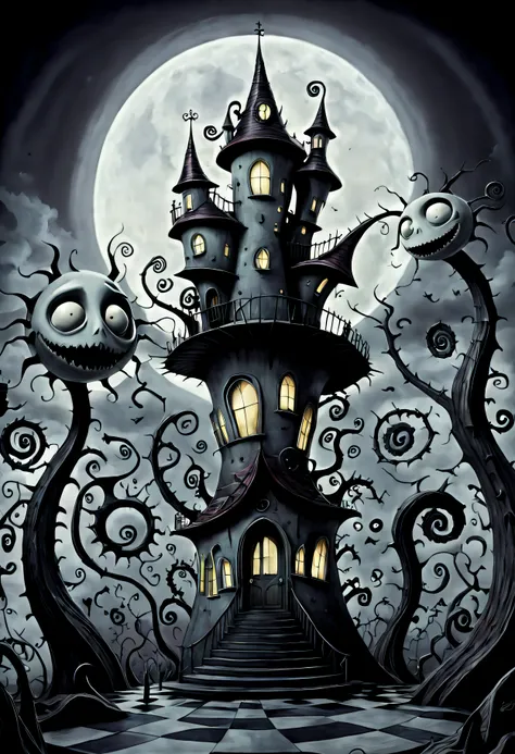 in the surreal geometry of tim burton's universe, a house takes form. its architecture defies gravity, with doors and windows sh...