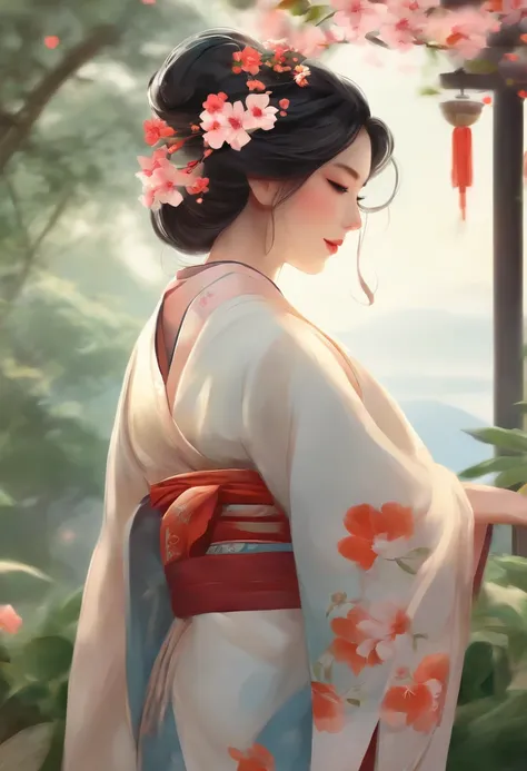 Woman in a kimono with flowers on her head, bela arte digital, Beautiful digital illustration, pintura digital bonita, lindo pintura digital, Arte no estilo de Guweiz, photorealistic anime girl rendering, arte cg anime suave, bela arte digital, Grande arte...