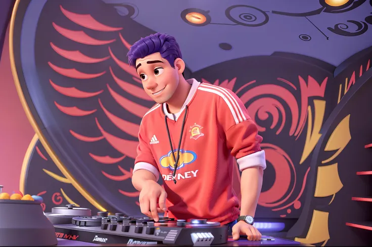 dj tocando em sua mesa de roupa vermelha estilo disney pixar