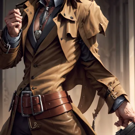 A man wearing a sleeveless trench coat and wearing a metal chest piece underneath the trench coat