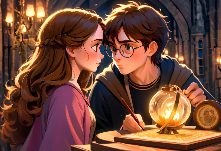 pixar:2，(best quality,4k,8k,highres,masterpiece:1.2), ultra-detailed, realistic:1.37, hermione and harry potter fall in love in ...