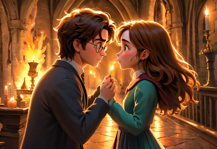 pixar:2，(best quality,4k,8k,highres,masterpiece:1.2), ultra-detailed, realistic:1.37, hermione and harry potter fall in love in ...