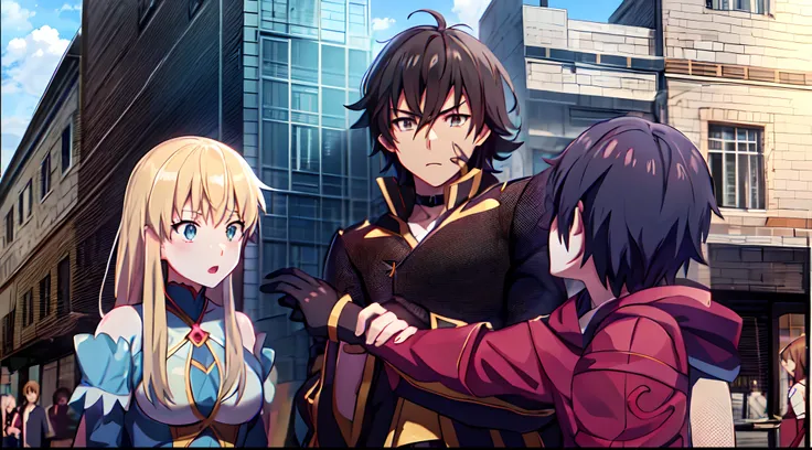 Anime characters in a city with a building in the background, Anime Estilo Estrela, reencarnado como um limo, popular Isekai anime, Tensei Shitara Slime Datta Ken, top 25 fantasy anime series, cel anime sombreado, Arte de Espada Online, estrela, anime em e...