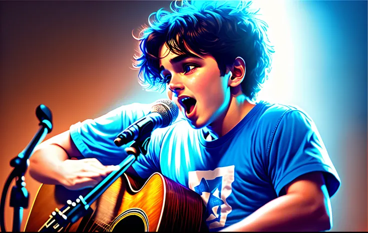 Singer singing on stage in blue t-shirt, playing guitar Disney pixar style