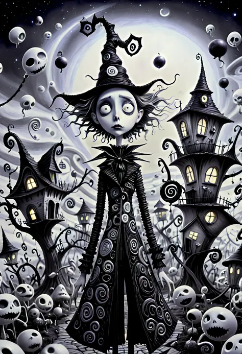 monochrome (pencil scektch:1.1),close up portrait (she:1.25) in a tim burton-inspired dreamscape, houses float in the sky, tethe...