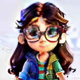 Disney PIXAR Style Poster, mujer joven, Long dark brown hair, ojos marrones, usando gafas grandes cuadradas de color dorado con negro, piel blanca, vestida con cropp top fucsia y chaqueta negra, thick lips, en su cuarto