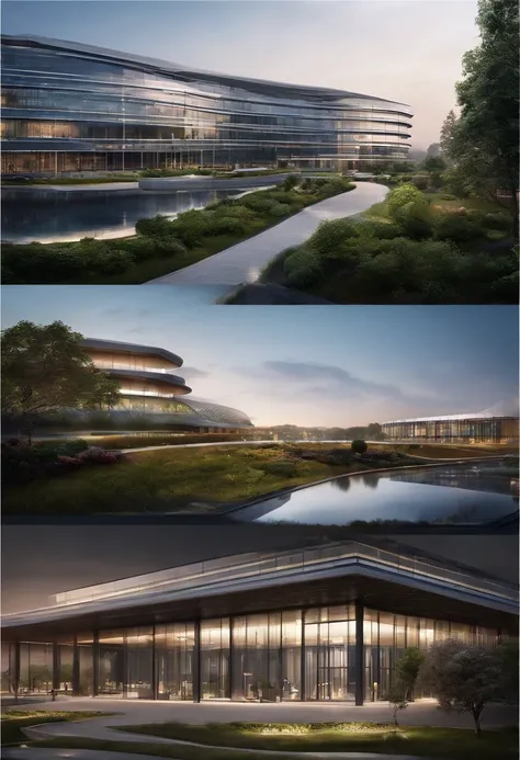 Architectural landscape，There is a meadow in front, research complex, medical research facility, wide angle exterior 2022, modern technology building, the photo shows a large, Office building, building facing, University, coper cladding, high detail photo,...