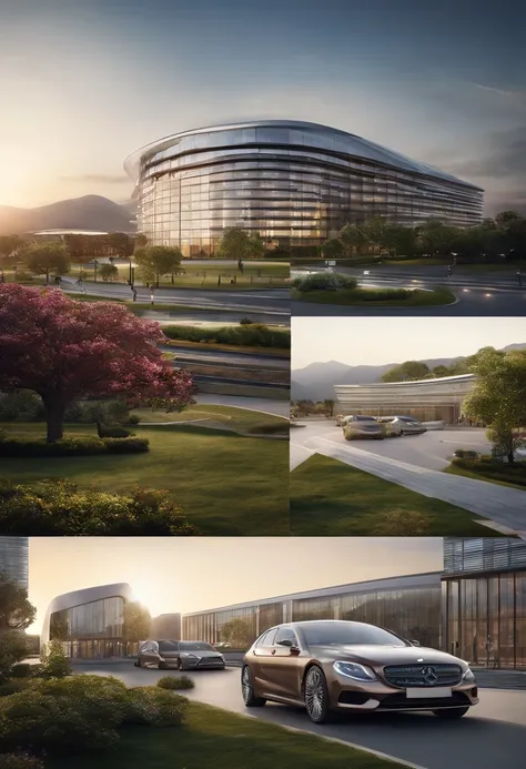 Architectural landscape，There is a meadow in front, research complex, medical research facility, wide angle exterior 2022, modern technology building, the photo shows a large, Office building, building facing, University, coper cladding, high detail photo,...