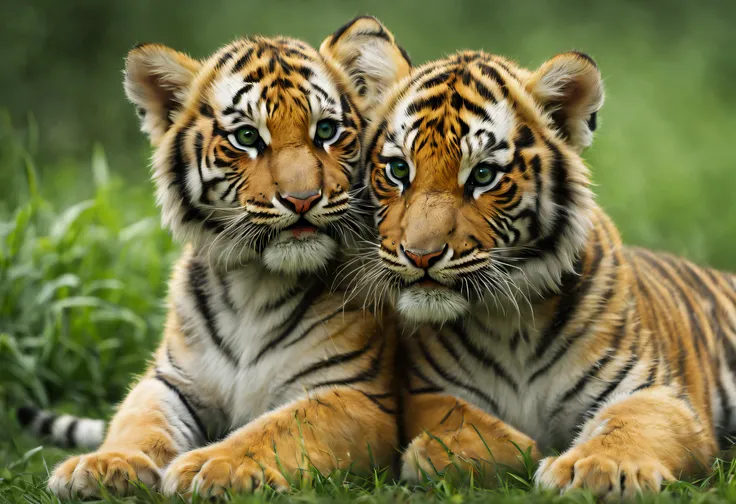 (best quality,4k,8k,highres,masterpiece:1.2),ultra-detailed,(realistic,photorealistic,photo-realistic:1.37),tiger,beautiful,carefully painted,detailed fur,female,fierce,tiger cubs,nursing,motherly love,protecting,caring,green scenery,lush garden,peaceful a...