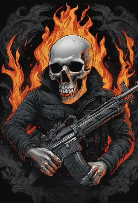 /imagine prompt: skull fire with gun llustration for a sticker with a black background, in bold outline style, jagged edges, trashcore, light shading --v 5.2