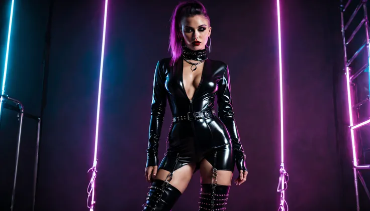 cyberpunk woman wearing black shiny low-cut pvc jumpsuit , wearing thigh high boots , chains , spikes and studs , in cyberpunk pole dance at night , inlightened with neons