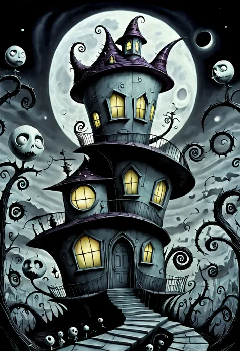 in the surreal geometry of tim burton's universe, a house takes form. its architecture defies gravity, with doors and windows sh...