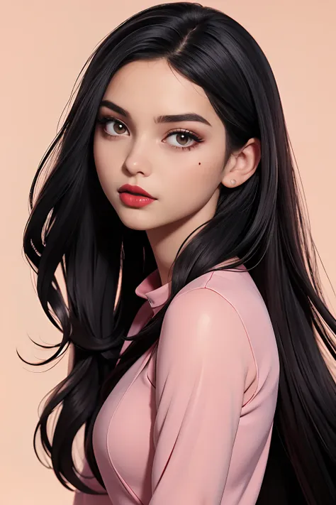 An 18-year-old girl with long straight wavy black hair White with a mole in the middle of her forehead in a jumpsuit Jens with a lipstick eyeliner on his cherry red lipstick Medium flushing cheek Light pink.