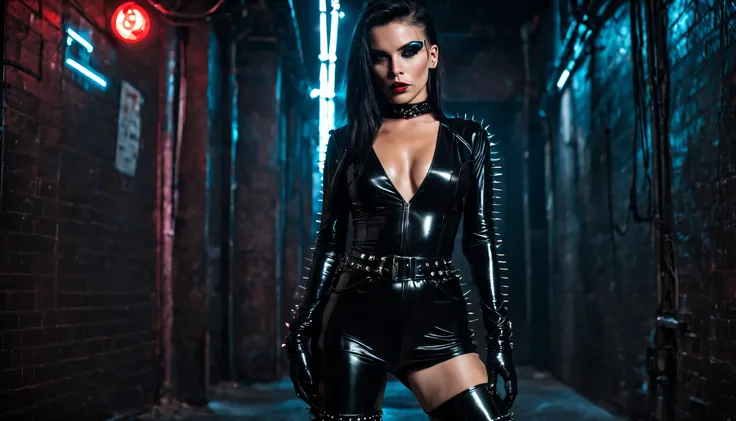 cyberpunk woman wearing black shiny low-cut pvc jumpsuit , wearing thigh high boots , chains , spikes and studs , in cyberpunk bdsm club at night , inlightened with neons