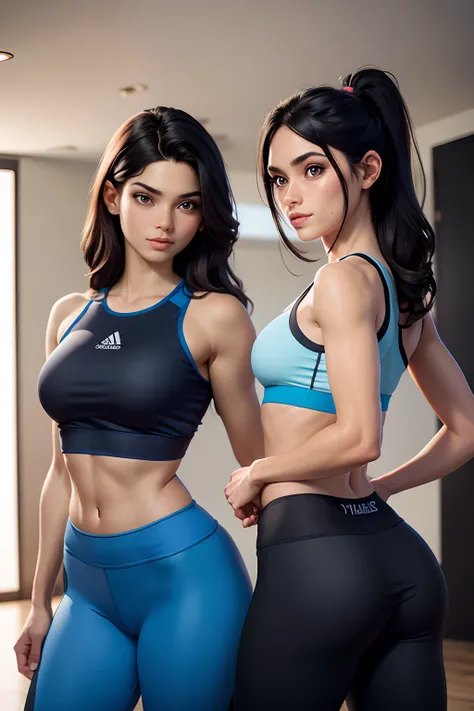 A imagem mostra duas mulheres usando roupas combinando, Consisting of a black sports bra and blue leggings. The two women stand with each other in a room, possibly a gym or a studio, And theyre posing for the camera. Are on their backs Clothes are designed...