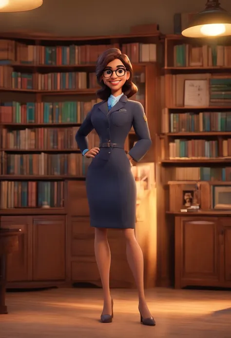 Pixar style image with 3D character, a light-skinned black woman with glasses and a dress outfit, she is a lawyer and is well dressed in the background, a law office with bookshelf and books with depth, bem bonito faca os ajustes que julgar necessario para...