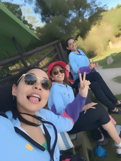 Three women sitting on a bench with a holding a peace sign, imagem de perfil, roupas de caminhada, foto de perfil, imagem do avatar, Hora do dia ensolarado, Divertindo-se ao sol, foto do perfil, foto Selfie, vacation photo, divertindo-se, Posando!!, 🤬 🤮 💕 ...