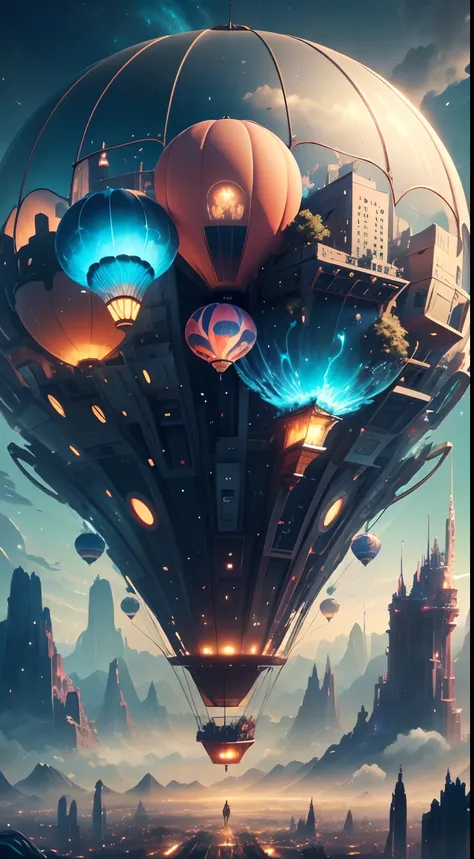 A transparent and ethereal hot air balloon glows blue，Futuristic hot air balloon in the shape of a jellyfish，blueglow，In a stunning fantasy world, A hot air balloon over a futuristic city，(Extremely detailed CG unified wallpaper), The beauty of abstract st...