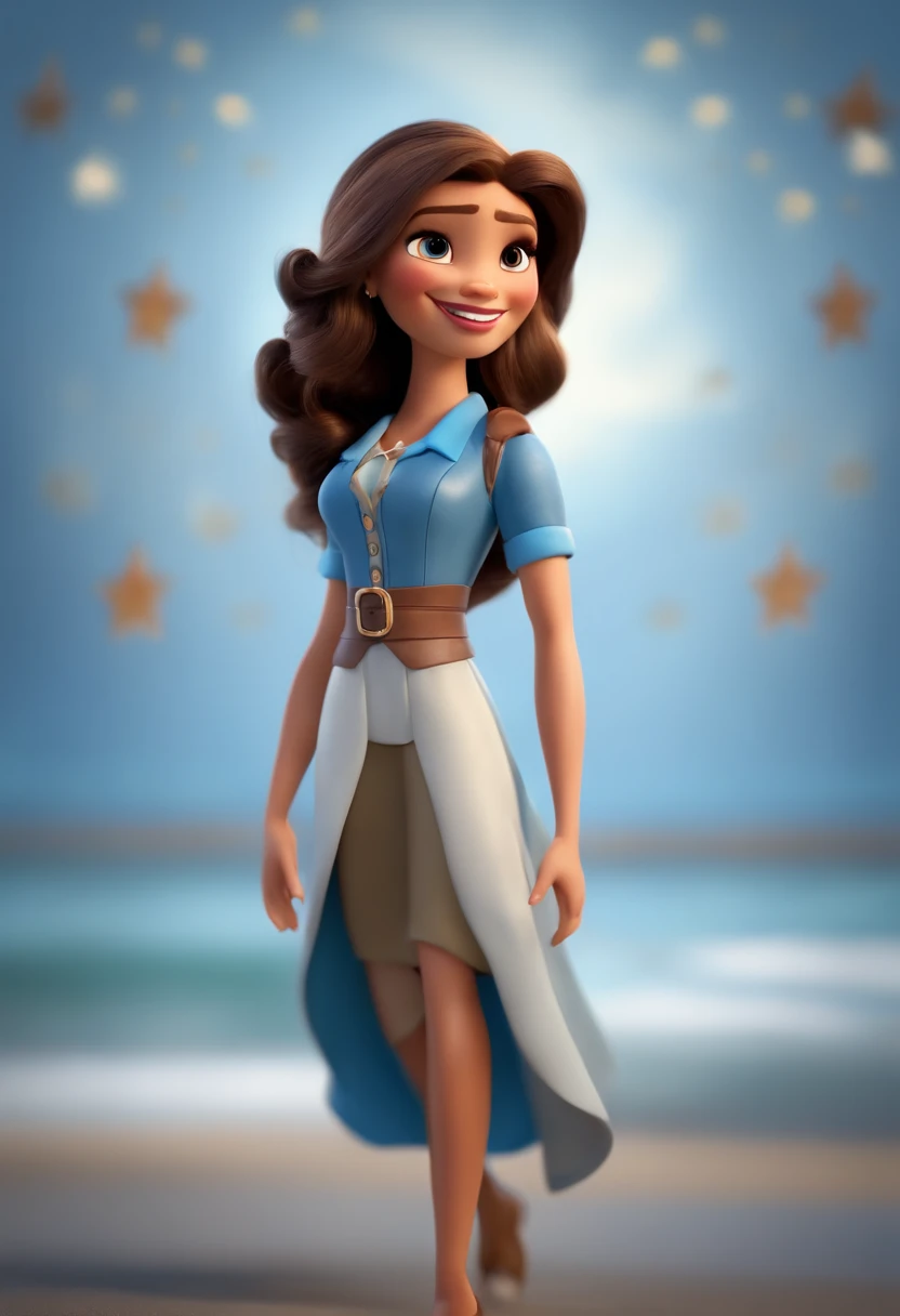 Mulher, estilo disney, tom de pele: claro:  Cabelo: marrom escuro, ondulado, curto, penteado para o lado esquerdo. camisa: social, Cor azul. Fundo: Gray and white gradient,Comemorando, Hands raised, sorrindo, feliz, (estilo pixar) (obra-prima:1.2) (bokeh) ...