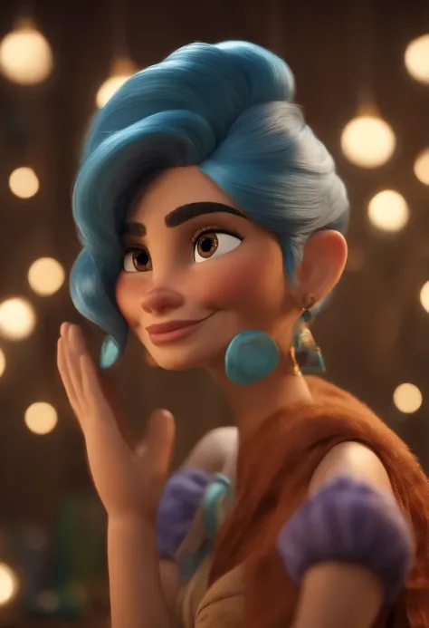 Mulher, estilo disney, tom de pele: claro:  Cabelo: marrom escuro, ondulado, curto, penteado para o lado esquerdo. camisa: social, Cor azul. Fundo: Gray and white gradient,Comemorando, Hands raised, sorrindo, feliz, (estilo pixar) (obra-prima:1.2) (bokeh) ...