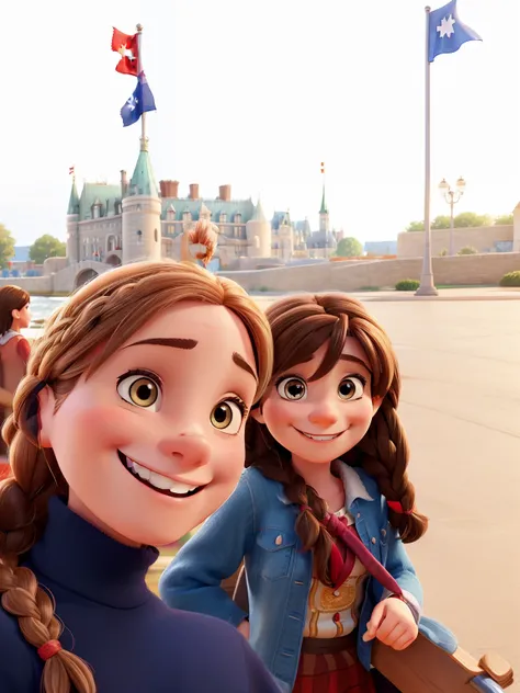 a woman smiling with a braid, a beautiful girl smiling, cartoon style, perfect face, pixar style, a flag from Quebec