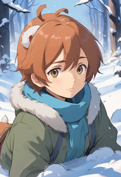 A young boy with，There are two beagle ears on the head，Lying in the snow，Q version，Simple lines，The expression is fierce，There are scars on the face