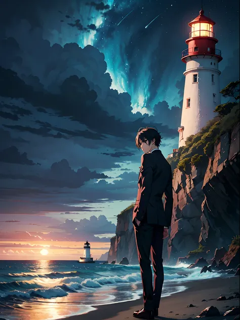 a handsome anime man on the seashore, gloomy ocean, dark sky, thunderstorm, lighthouse, beautiful picture