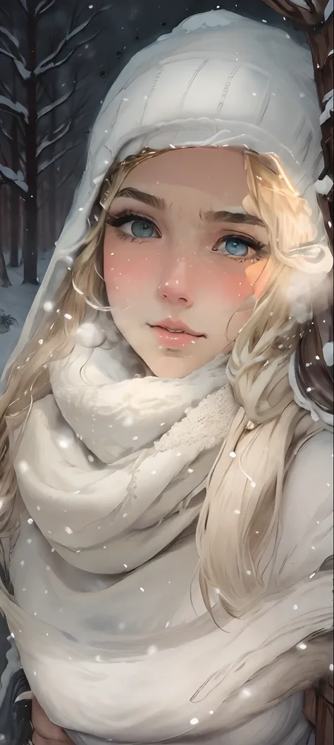 solo, snow, snowing, blonde hair, long hair, french braid, sidelocks, parted bangs, blue eyes, detailed face, winter clothes, mittens, white scarf, full body, snow covered forest, enchanting realm, (nose blush, heavy breathing:1.1), (gloomy:1.4)