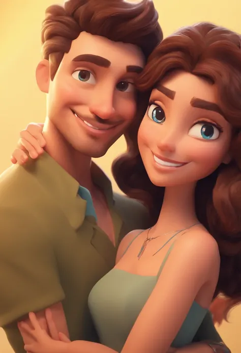 An illustration of an adorable couple, Highlight for a brunette man and a brunette woman with beautiful expressive eyes – the mans skin is brown and the mans hair is military and black, while the womans skin is brown and the womans hair is curly and brown....