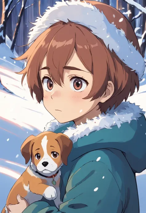 A young boy with，There are two Beagle ears on the head，Curl up in the snow，weeping，Sad-looking expression，There are scars on the neck，Q version，Simple lines