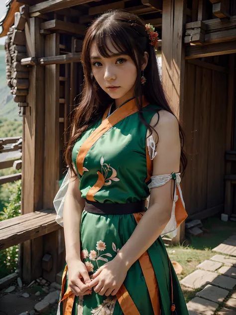 A beautiful anime girl with beautiful and elegant hanfu dress in orangr and green colors, at a stunning mountain, beautiful eyes, high quality, intricated detailed, anime style, anime character, adorable, cute, uktra HD res, 8k wallpaper, t-shirt design