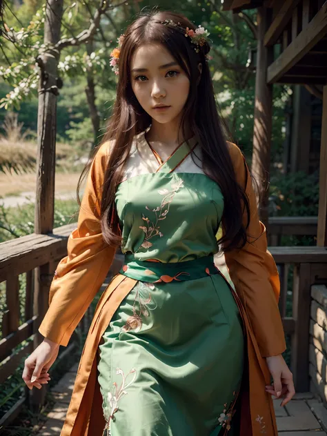 A beautiful anime girl with beautiful and elegant hanfu dress in orangr and green colors, at a stunning mountain, beautiful eyes, high quality, intricated detailed, anime style, anime character, adorable, cute, uktra HD res, 8k wallpaper, t-shirt design