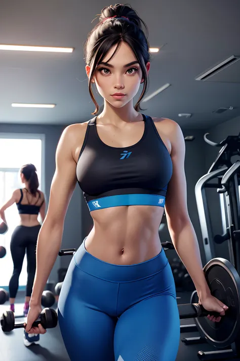 A imagem mostra uma mulher, Consisting of a black sports bra and blue leggings. The two women are together in a room, possibly a gym or a studio, And shes posing for the camera. fazendo agachamento, The clothes are designed to be comfortable and functional...