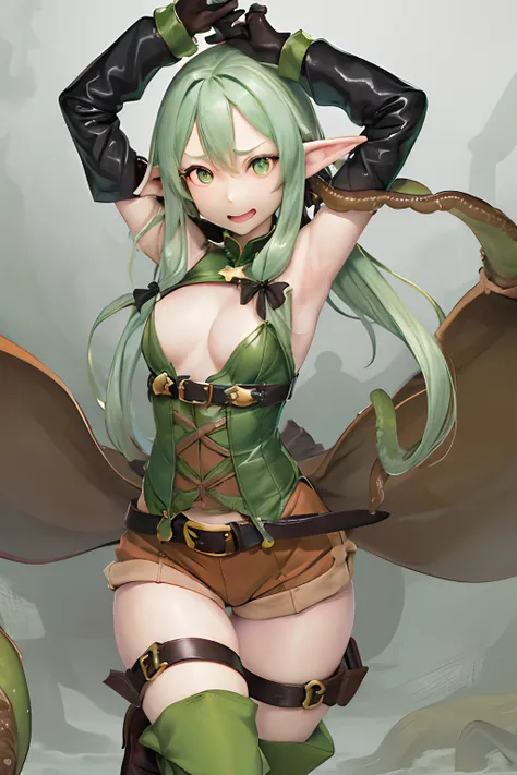 masutepiece, Best Quality, hight resolution, 1girl in, elf, pointy ear, Green hair, Long hair, side locks, Hair Bow, Small breasts, cloaks, Green eyes, Black Gloves, Brown shorts, green thighhighs, Short shorts, Belt bag,((embarassed expression))、((Arms ar...