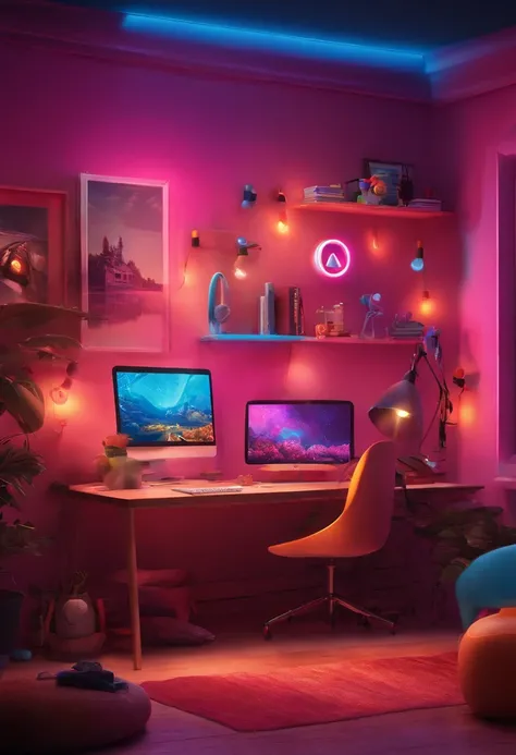 Create a 3D Pixar Poster-style backdrop in 4k , with the title: "Sarah tech" The Unstoppable. The setting is a work-from-home studio, com leds e luzes neon magenta e azul.