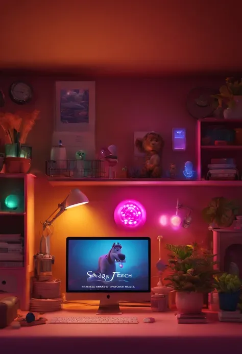 Create a 3D Pixar Poster-style backdrop in 4k , with the title: "Sarah tech" The Unstoppable. The setting is a work-from-home studio, com leds e luzes neon magenta e azul.