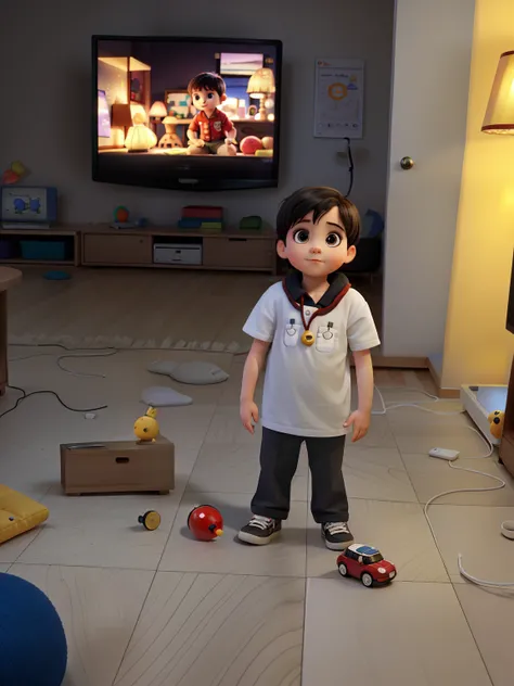 A 3-year-old child with short hair, illuminated by the light of a lamp, Against the backdrop in a TV room with toys on the floor