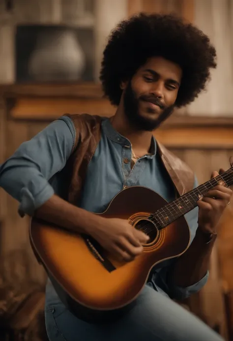 crie um jovem negro, moreno pardo com cabelos curtos, escuros, Curly and slightly grayish appearance, mas jovem, usando uma camiseta, Wearing jeans and holding a classical guitar with 7 strings.