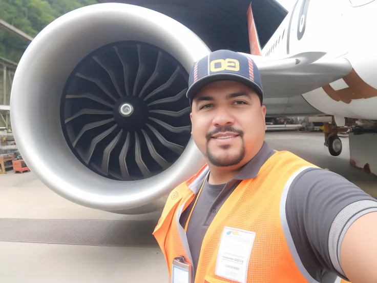 Man in orange vest and hat standing in front of a jet engine, selfie shot straight on angle, foto do perfil, icaro carvalho, imagem de perfil, maintenance photo, Postagem no Reddit, Foto de perfil, foto de perfil, imagem do avatar, Assumido em Go Pro Hero8...