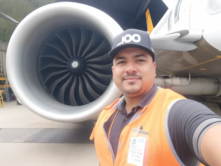 Man in orange vest and hat standing in front of a jet engine, selfie shot straight on angle, foto do perfil, icaro carvalho, imagem de perfil, maintenance photo, Postagem no Reddit, Foto de perfil, foto de perfil, imagem do avatar, Assumido em Go Pro Hero8...