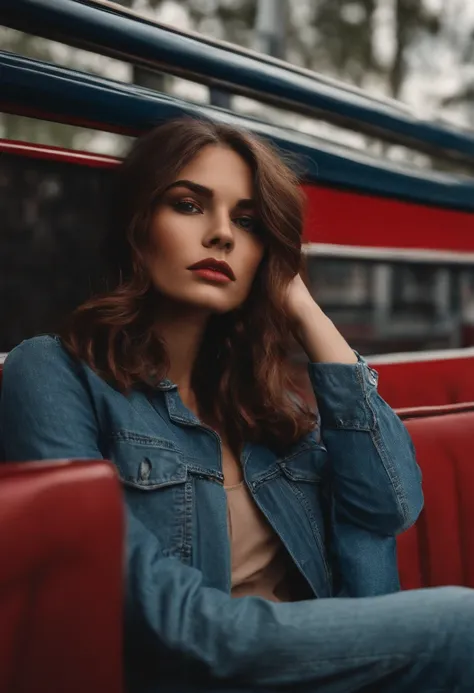 Crie um garoto de 15 anos com uma blusa vermelha, jeans, cabelos pretos, muito triste. Sitting on a bus bench.