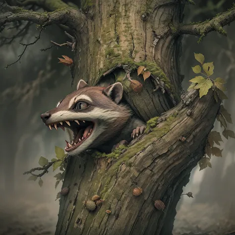 against a dark stormy sky, a screaming acorn with wide eyes and a gaping mouth floats over the crumbling bark of a hollow dead o...