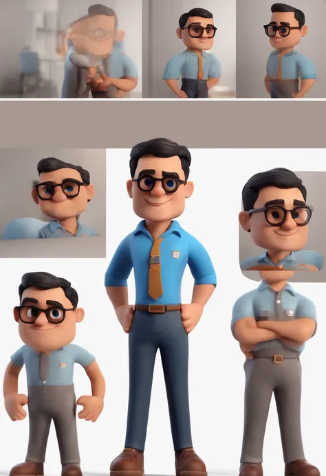 Cartoon character of a man with black glasses and a blue shirt, animation character, Caractere estilizado, animation style rendering, 3D estilizado, Arnold Maya render, 3 d render stylized, toon render keyshot, Personagem 3D, Personagem 3D, 3d rendering st...