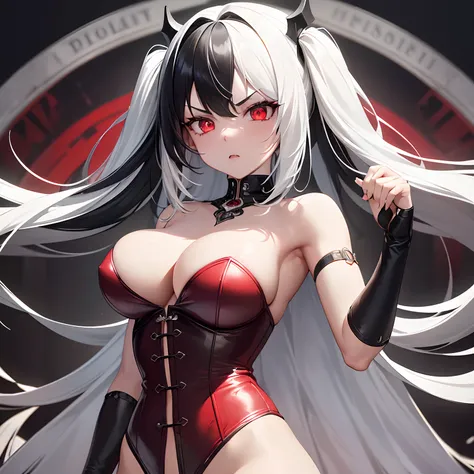 masterpiece, high quality, ultra-detailed, 8k, 1girl, black hair, white hair, long hair, ((Black and White TWO-TONED HAIR)), looking at viewer, red glowing eyes, red corset, strapless red corset bodysuit, serious expression, showing fangs,