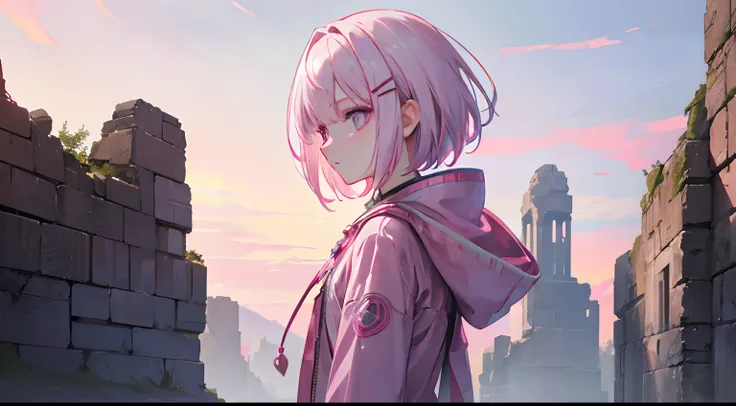 Pink woman with silver hair, Pink eyes, Very short hairstyle, (Rin々Profile:1.3), hair clips, Long sleeves, Brown hood, Small chest, Backlight, ancient ruin, landscape, (masutepiece), (Best Quality, 8K, High resolution), Ultra-detailed, (Realistic), Vibrant...